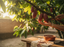 Cacao beans on a tree branch with a wooden bowl and cacao beans on a table.
