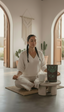 Woman meditating in a serene indoor setting with a mug and Azomalli Peppermint brew cacao tea on a small table.