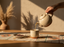 Person pouring tea from a ceramic teapot into a cup on a wooden table with a decorative mat and cacao beans on a dish.