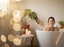 Woman relaxing in a bathtub with a tea mug, candles and plants in a warm, blurred room setting