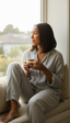 Woman sitting by a window holding a cup, wearing a light gray outfit.