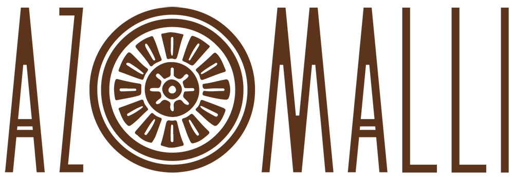 Company logo: “Azomalli” in dark brown sans serif letters, with a stylized mandala as the "O."