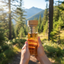 Person holding a glass tea tumbler with a wooden lid in a forest setting